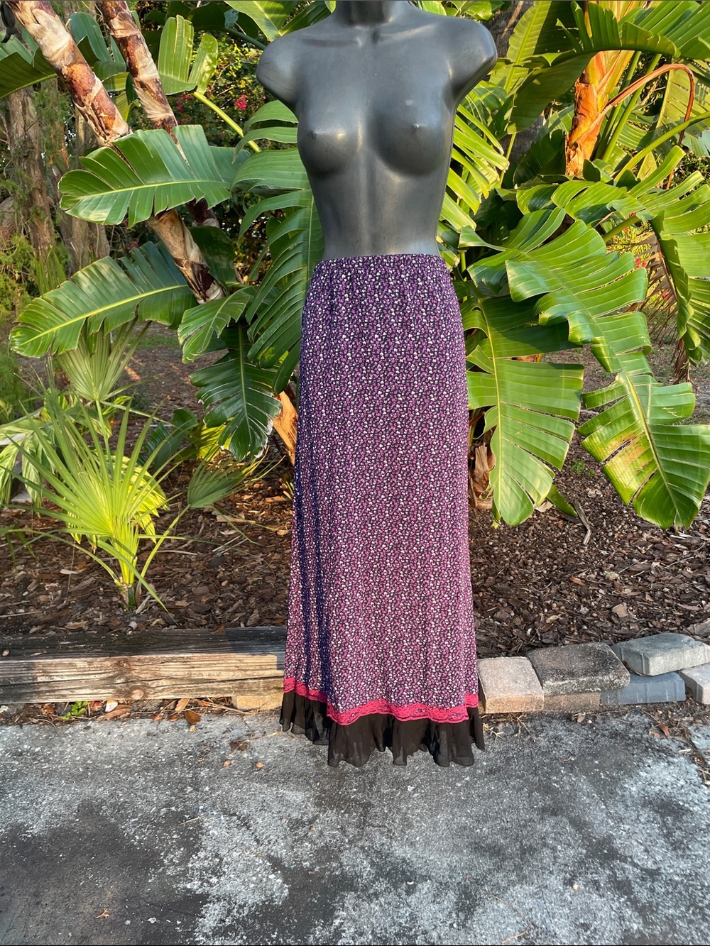April Cornell, floral lace, trim, ruffled maxi skirt